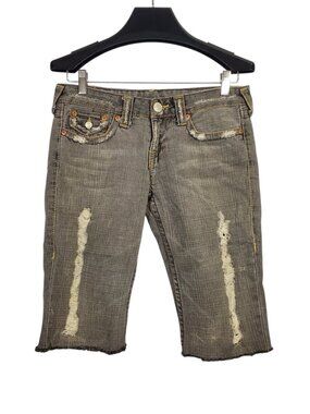 Vintage Y2K True Religion Joey Bermuda Jeans Shorts Sz 28 Grey Denim Distressed